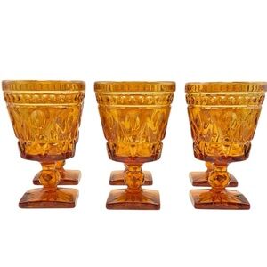 6 Vtg Amber Indiana Glass Colony Park Lane Footed Goblets Starburst Base 5 1/4"